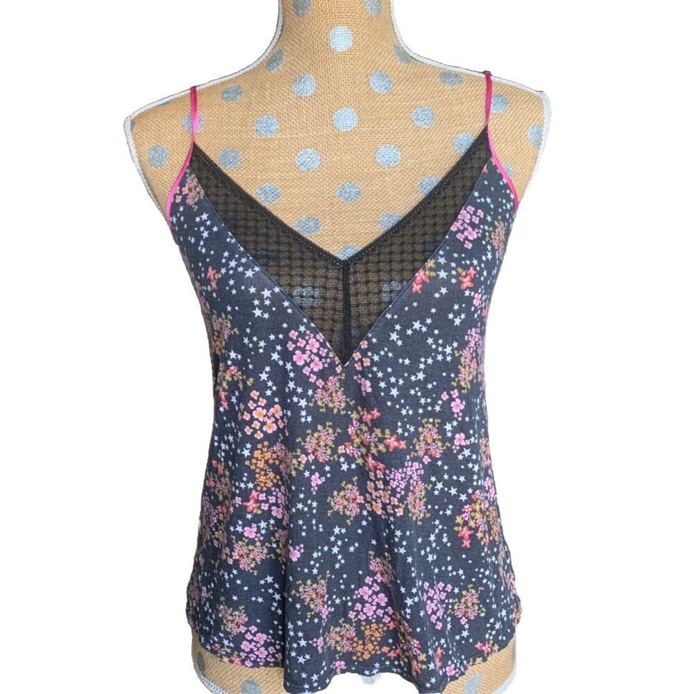 Victoria Secret Camisole Tank Top XS Black Floral Stars Lace Trim Y2K Indie Sle
